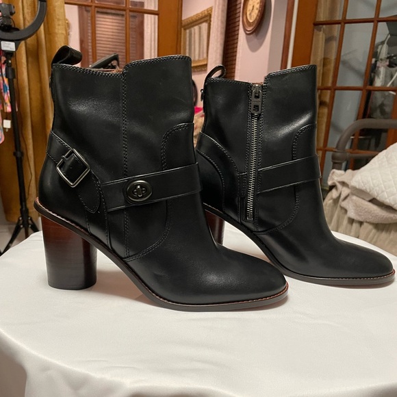 BRAND NEW Coach Moto 3” Heel Booties Black Women Size 9 Orig $500 - Picture 1 of 16